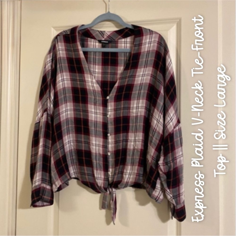 🩶 Express Plaid V-Neck Tie Front Flannel || Size Large